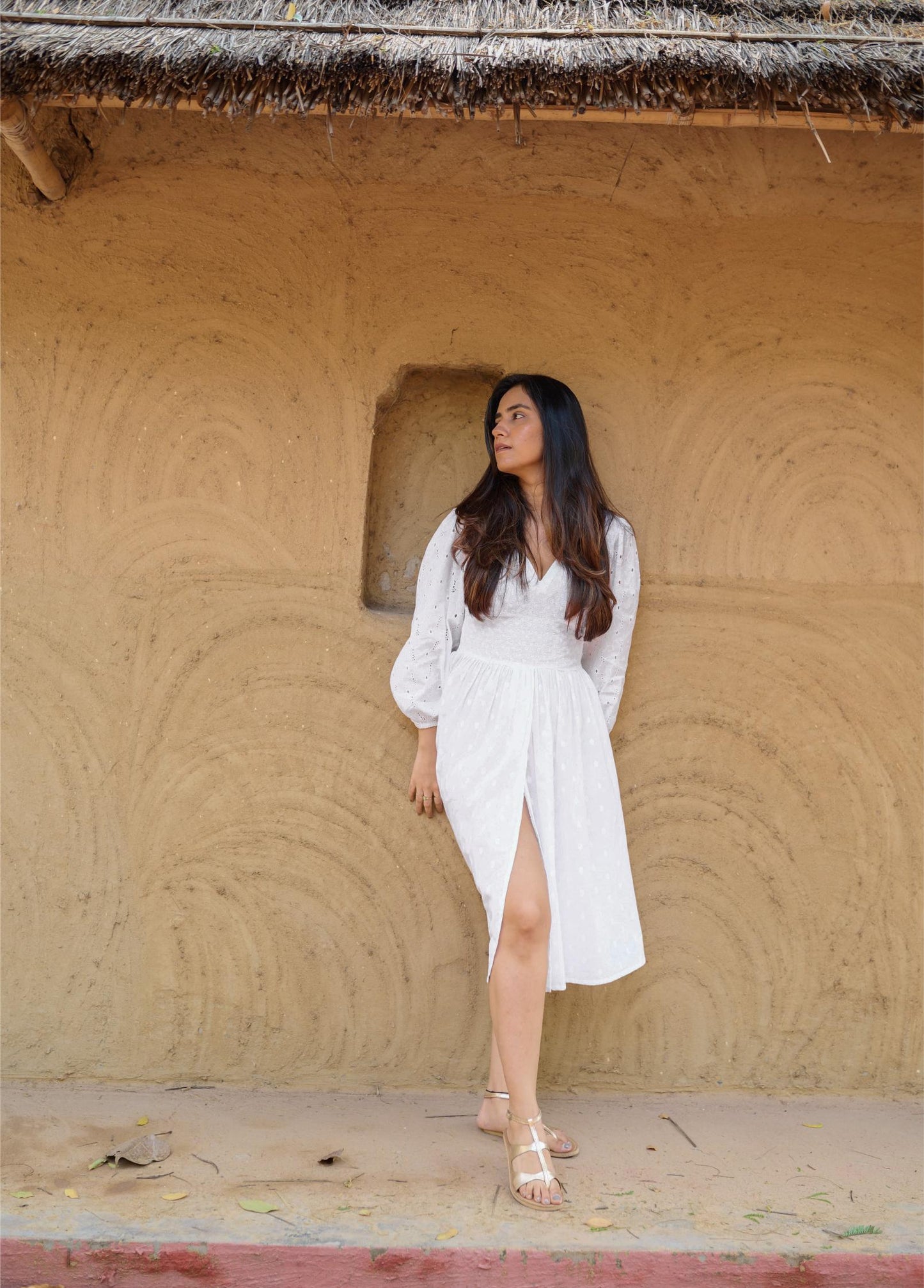 White Embroidered Dress With Floral Hakoba Sleeves