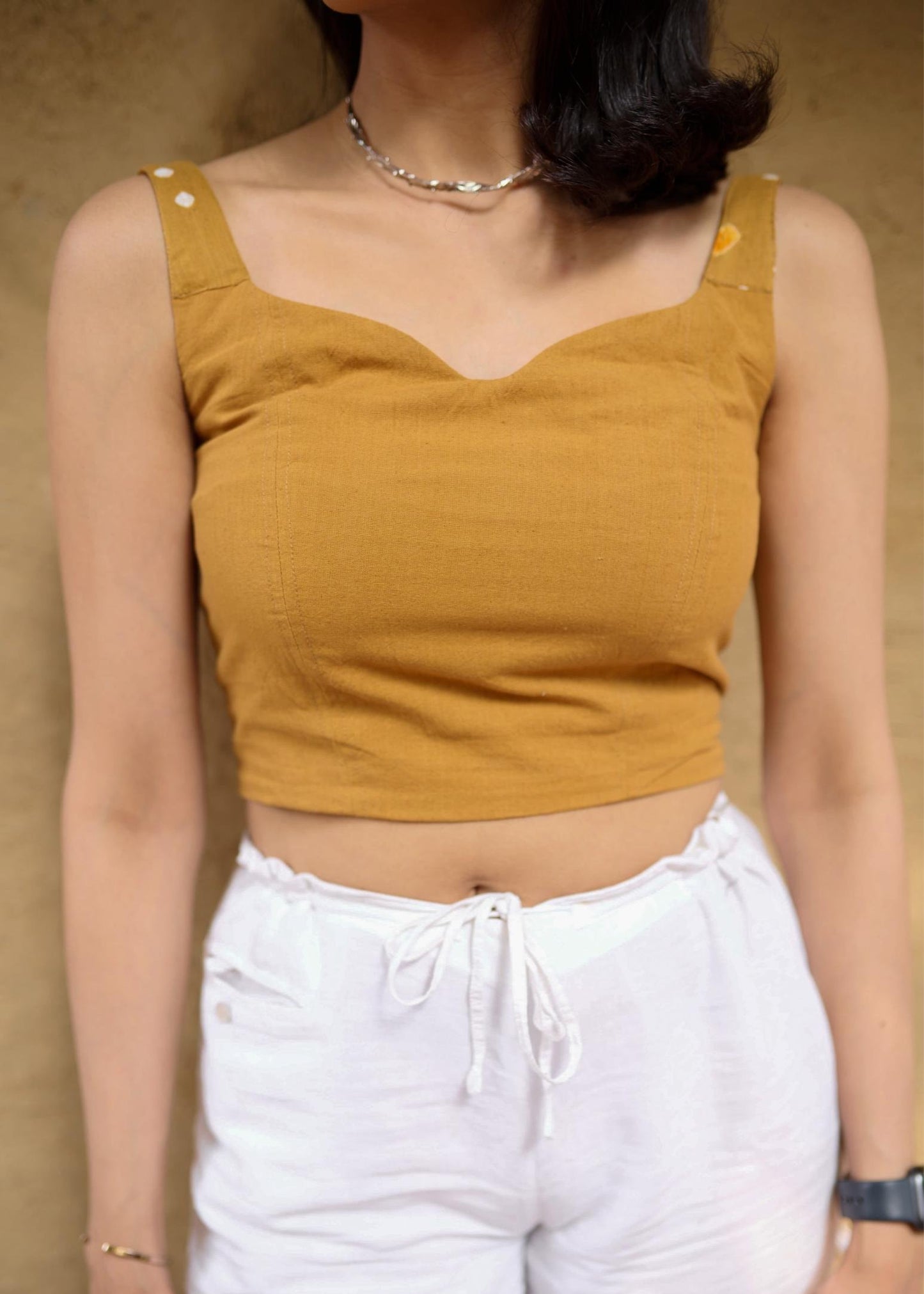 Mustard Handloom Crop Top with Bandhani straps