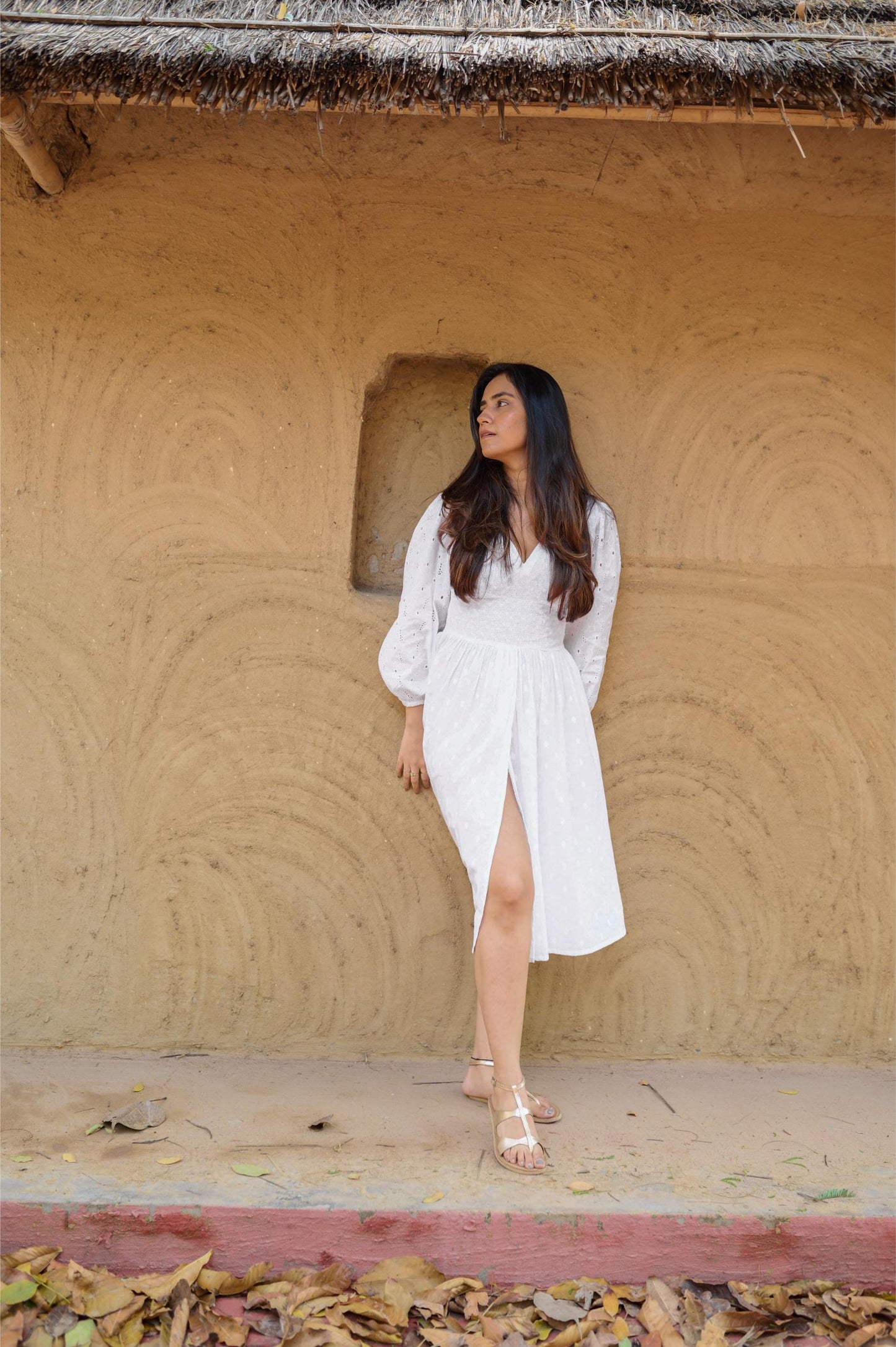 White Embroidered Dress With Floral Hakoba Sleeves