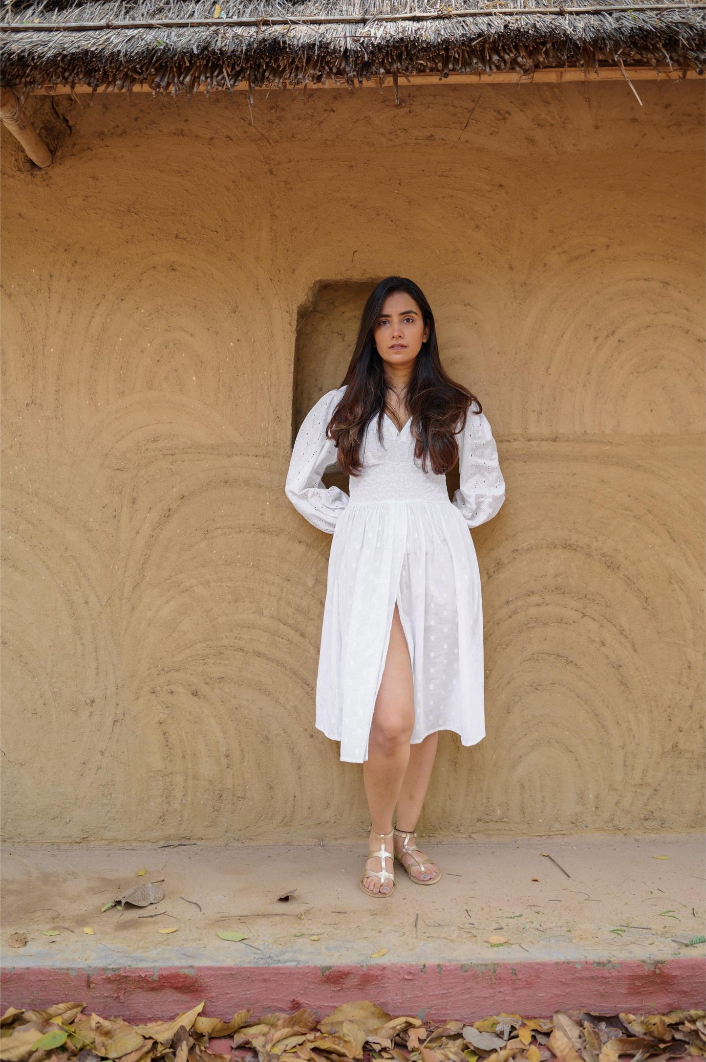 White Embroidered Dress With Floral Hakoba Sleeves