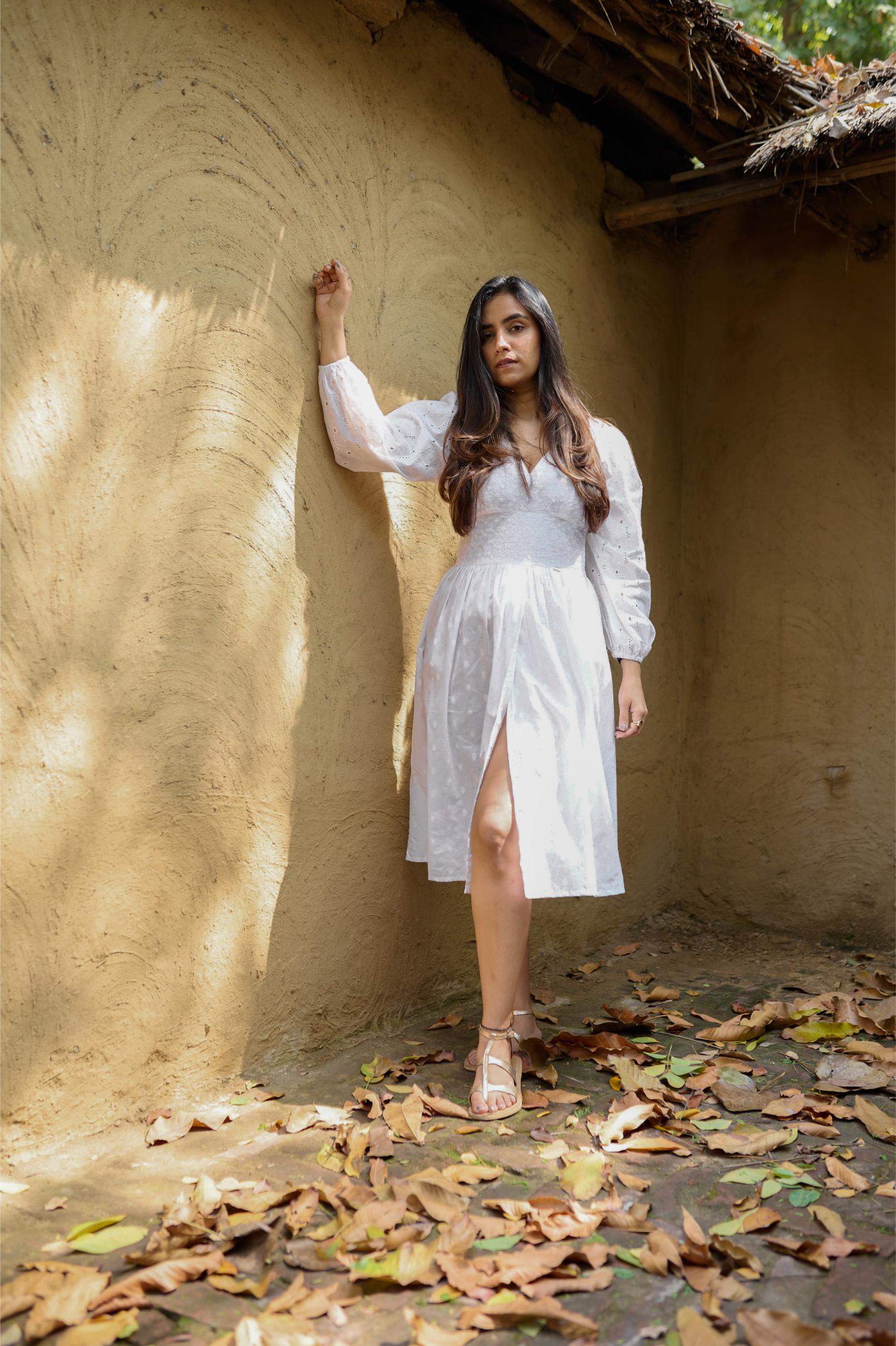 White Embroidered Dress With Floral Hakoba Sleeves Sandh India White Embroidered Dress With Floral Hakoba Sleeves Sandh India
