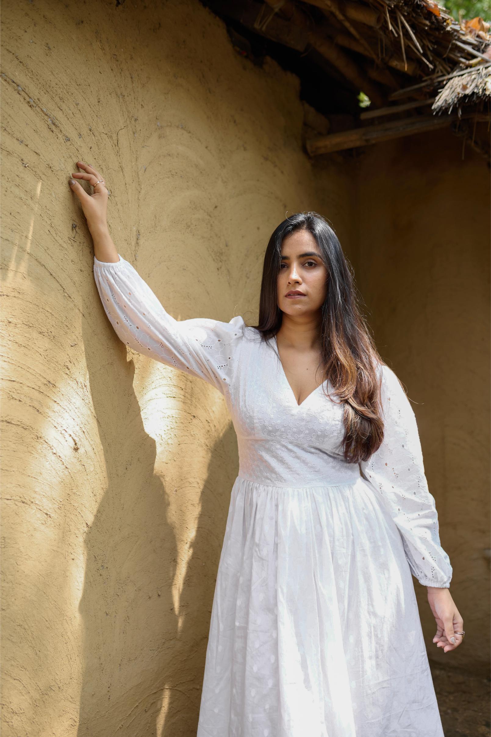 White Embroidered Dress With Floral Hakoba Sleeves Sandh India White Embroidered Dress With Floral Hakoba Sleeves Sandh India