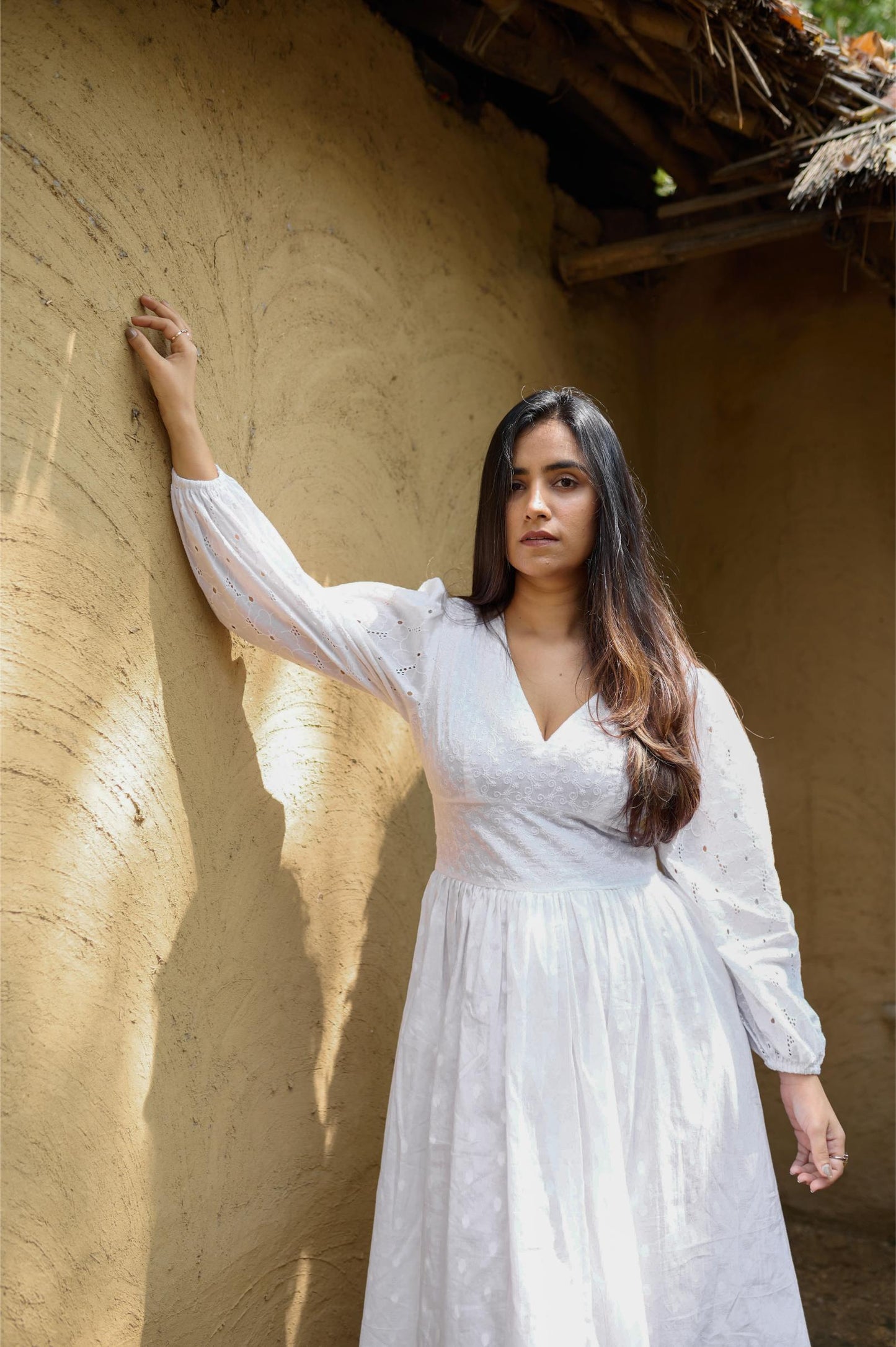 White Embroidered Dress With Floral Hakoba Sleeves