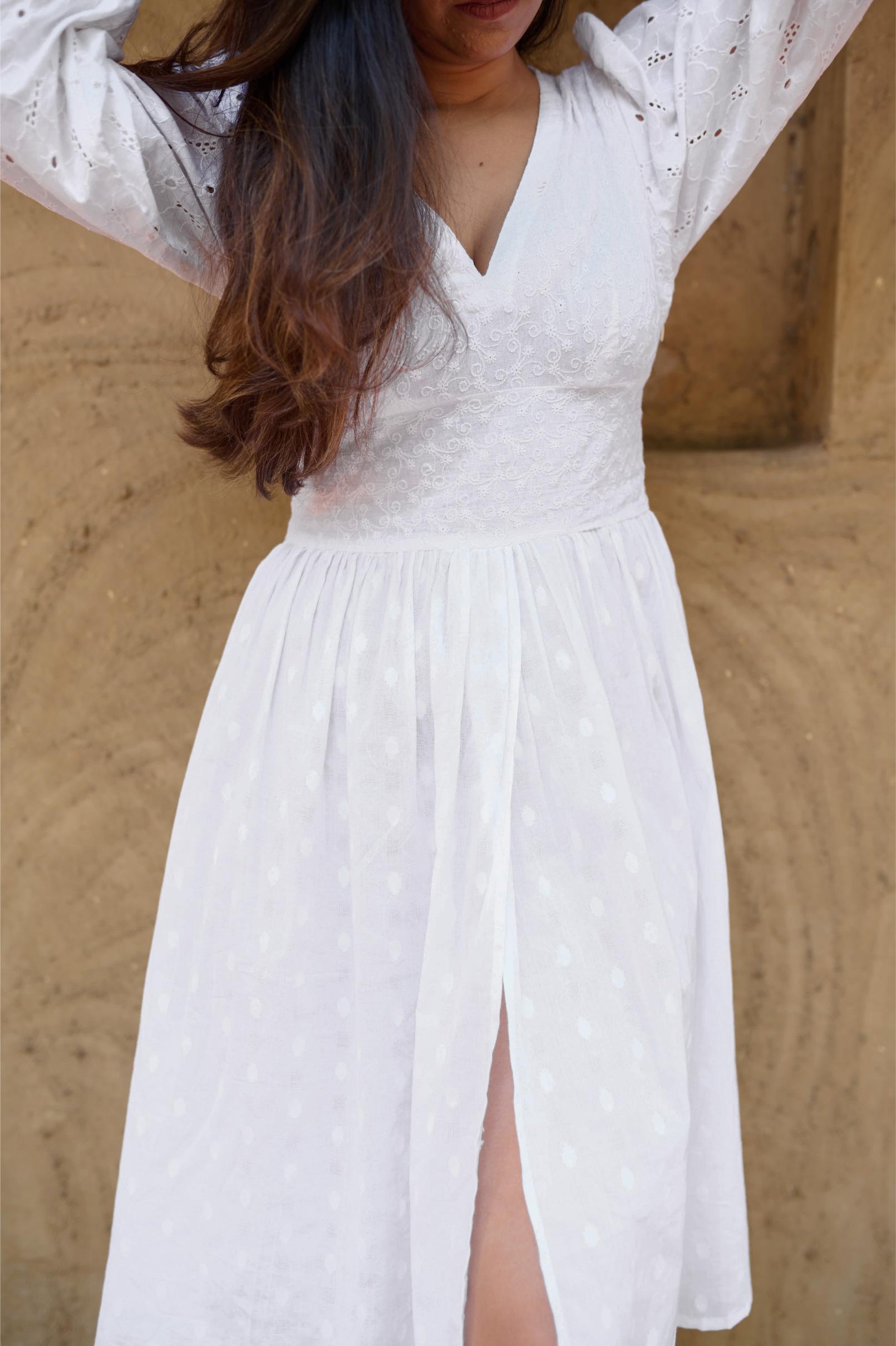 White Embroidered Dress With Floral Hakoba Sleeves Sandh India White Embroidered Dress With Floral Hakoba Sleeves Sandh India