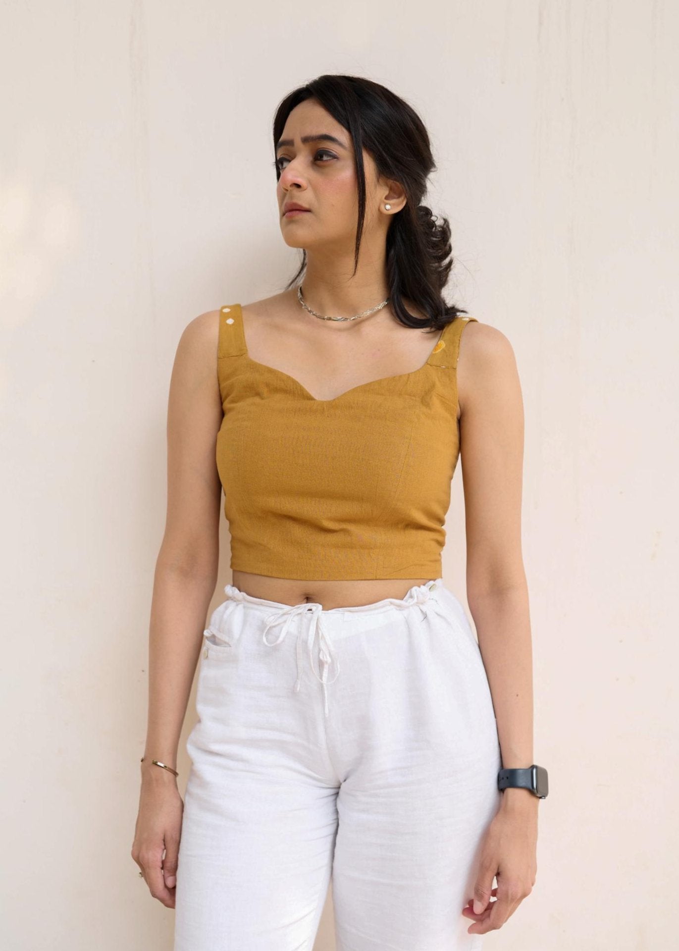 Mustard Handloom Crop Top with Bandhani straps