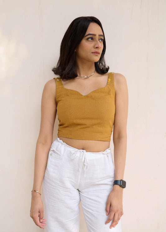 Mustard Handloom Crop Top with Bandhani straps