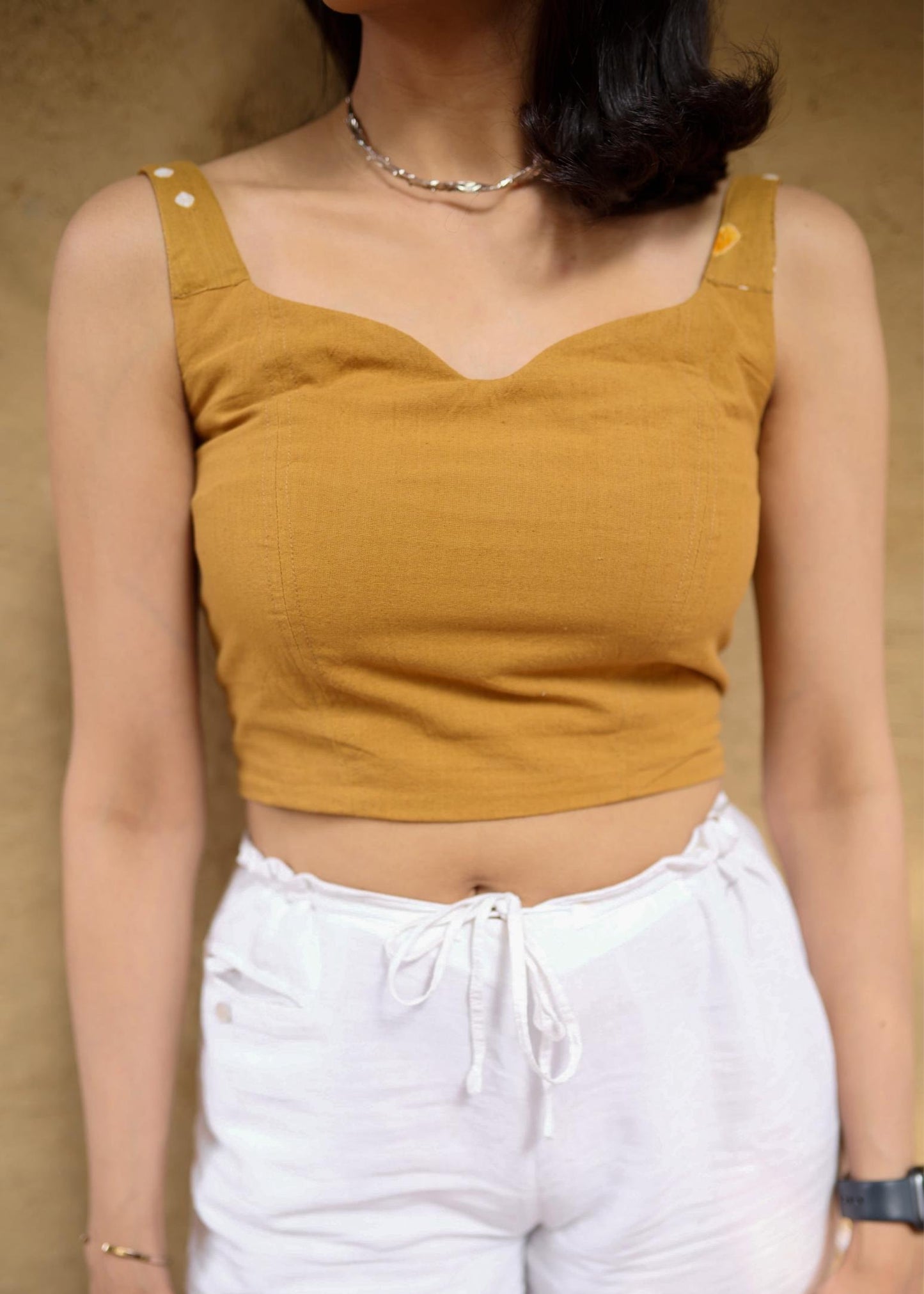 Mustard Handloom Crop Top with Bandhani straps