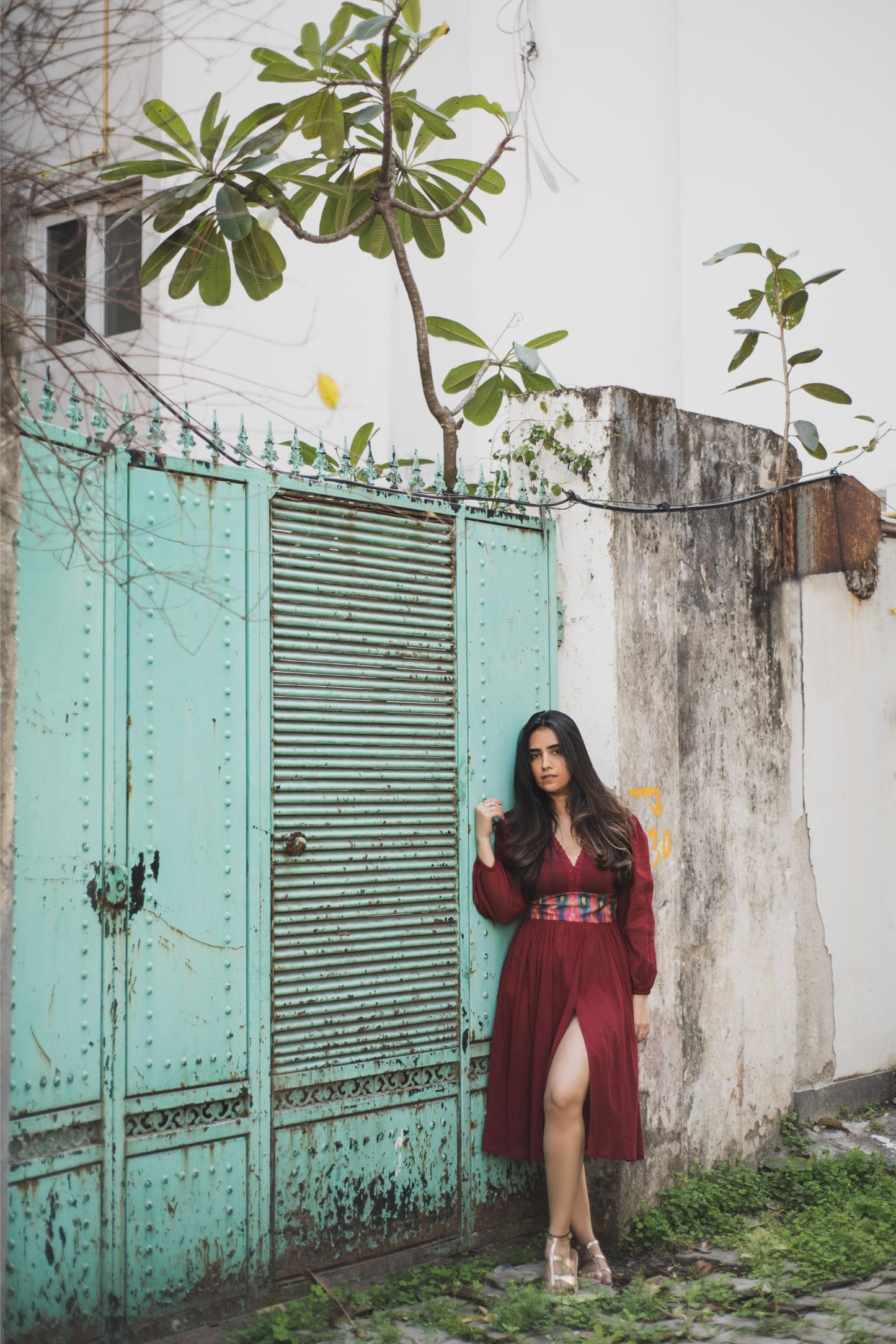 Maroon Ikat Belted Dress