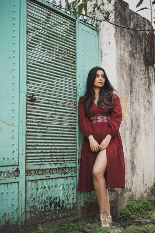 Maroon Ikat Belted Dress