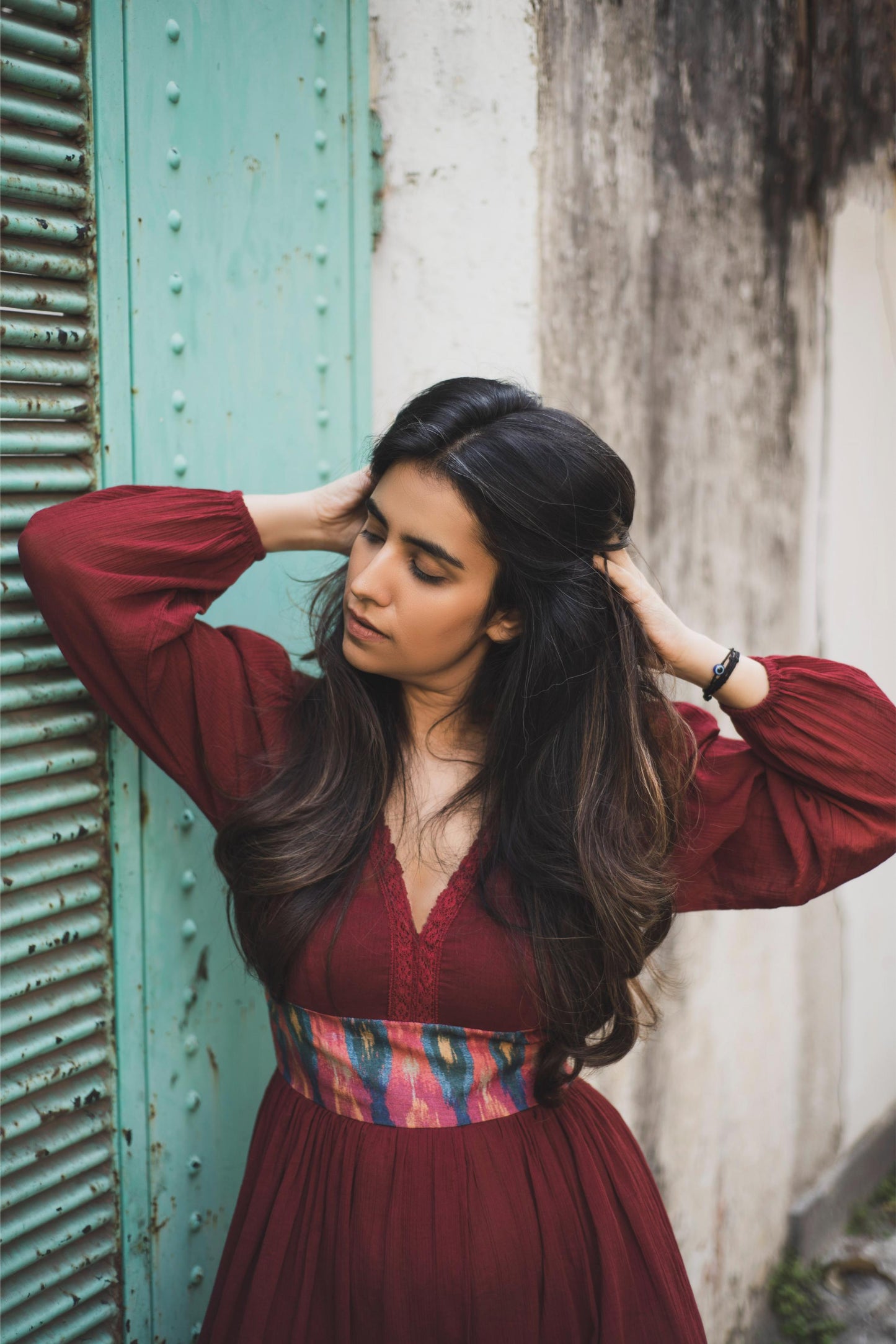 Maroon Ikat Belted Dress