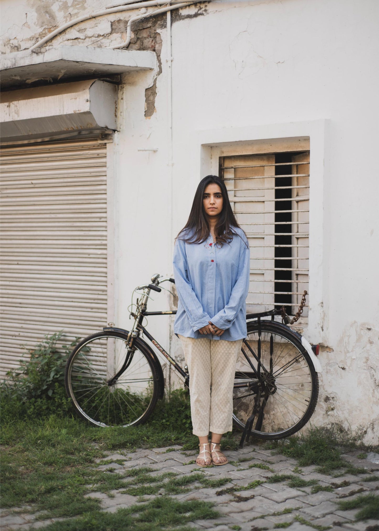 Blue Embroidered Shirt With Dobby Pant Coord (Set of 2)