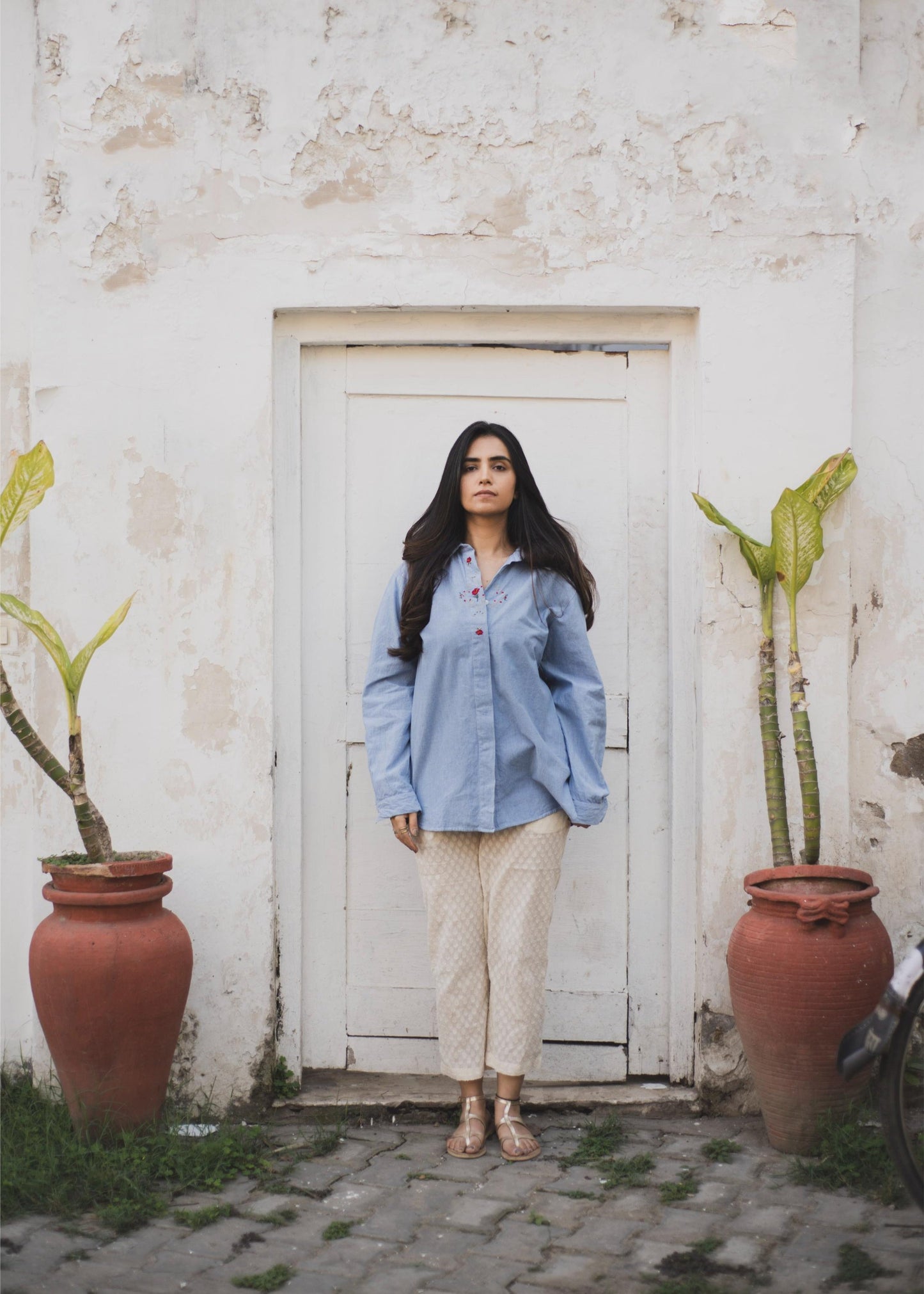 Blue Embroidered Shirt With Dobby Pant Coord (Set of 2)