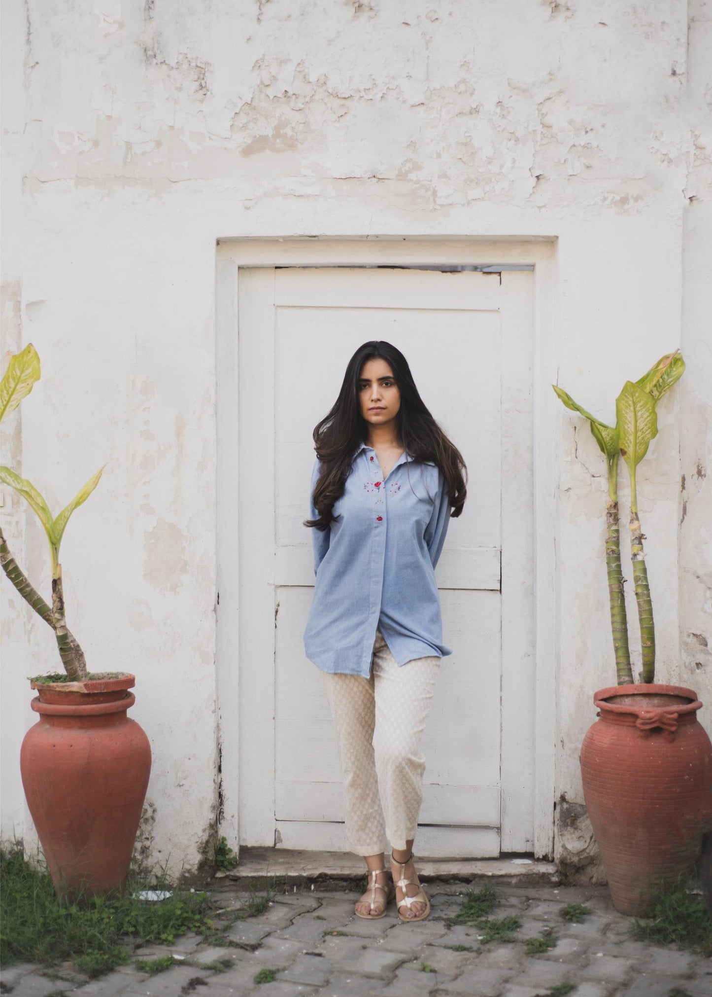 Blue Embroidered Shirt With Dobby Pant Coord (Set of 2)