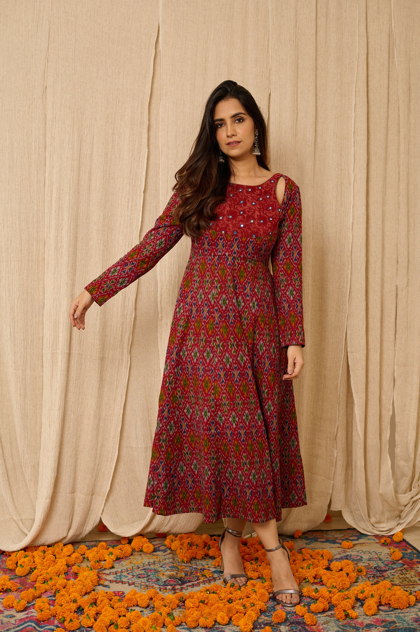 Lux Collection Red Handloom Ikat Hand Embroidered Dress