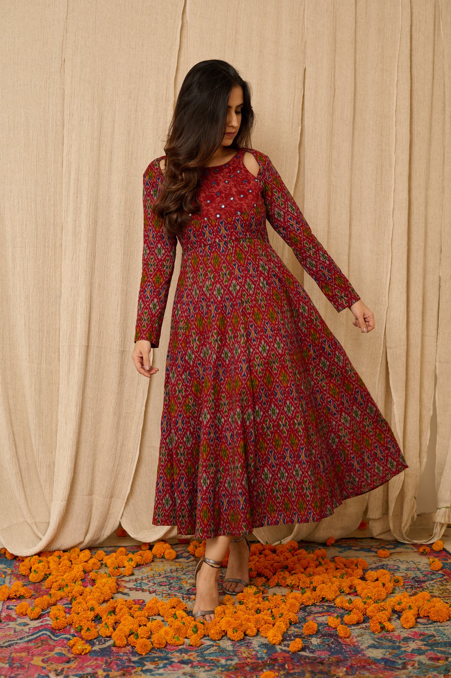 Lux Collection Red Handloom Ikat Hand Embroidered Dress