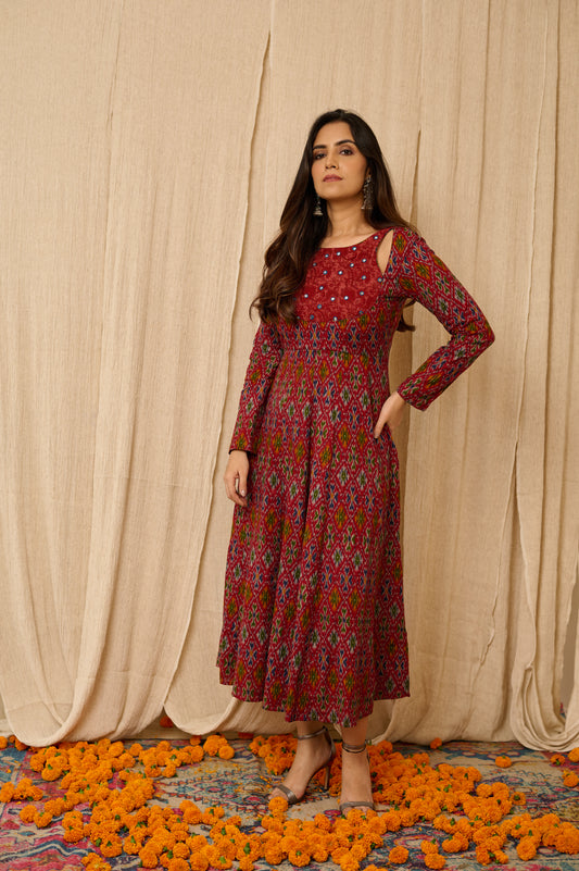 Lux Collection Red Handloom Ikat Hand Embroidered Dress