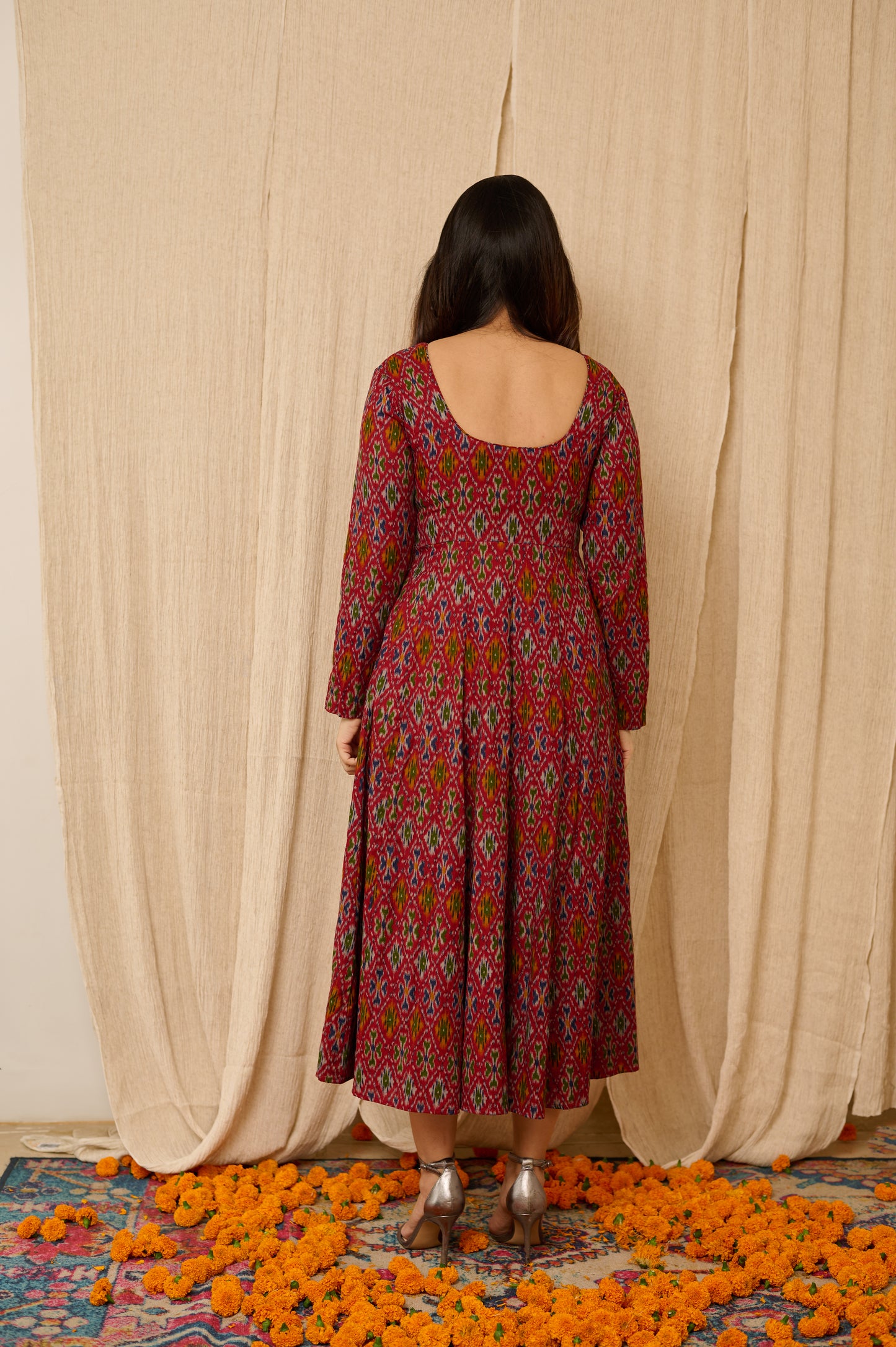 Lux Collection Red Handloom Ikat Hand Embroidered Dress