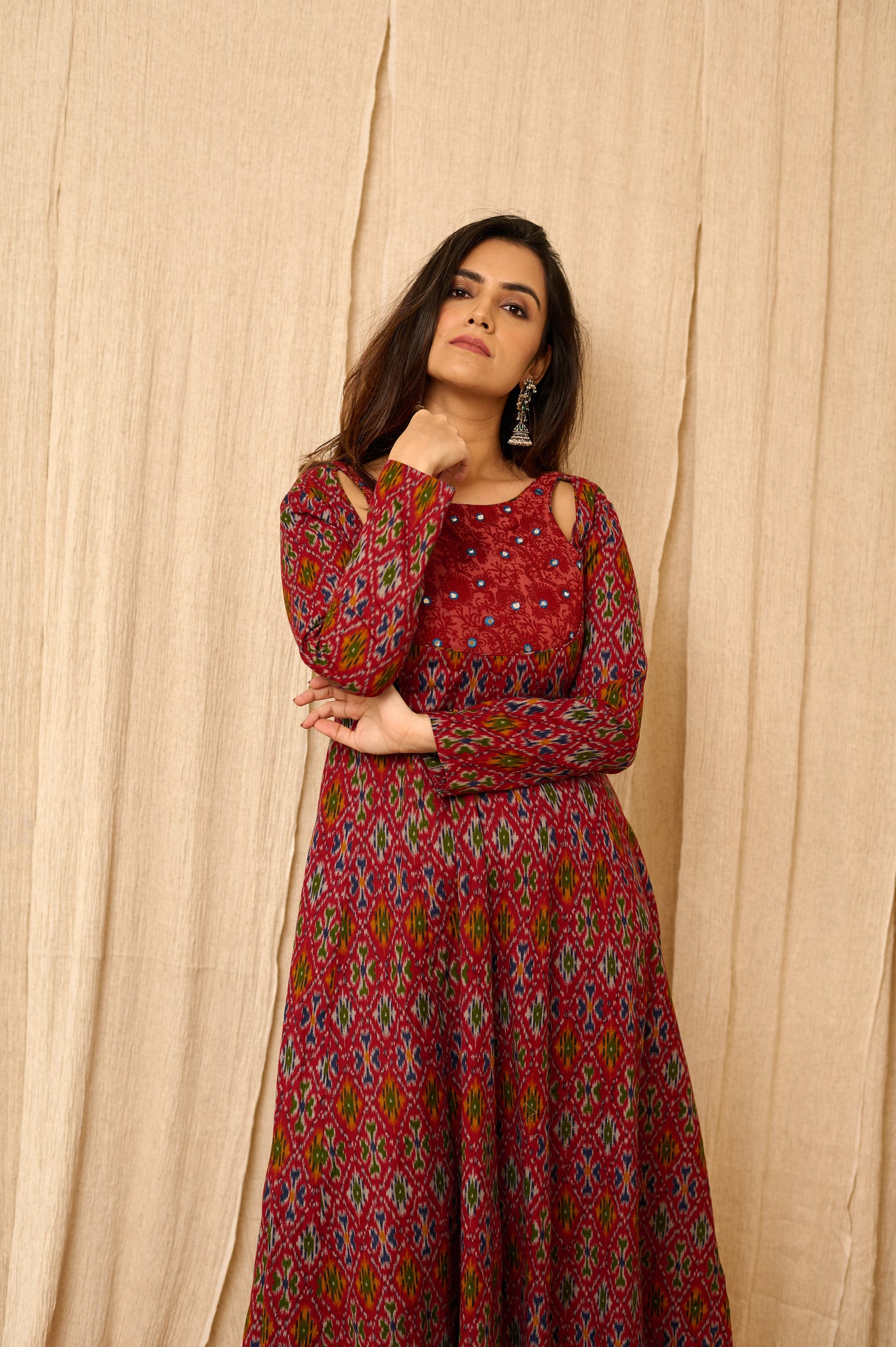 Lux Collection Red Handloom Ikat Hand Embroidered Dress