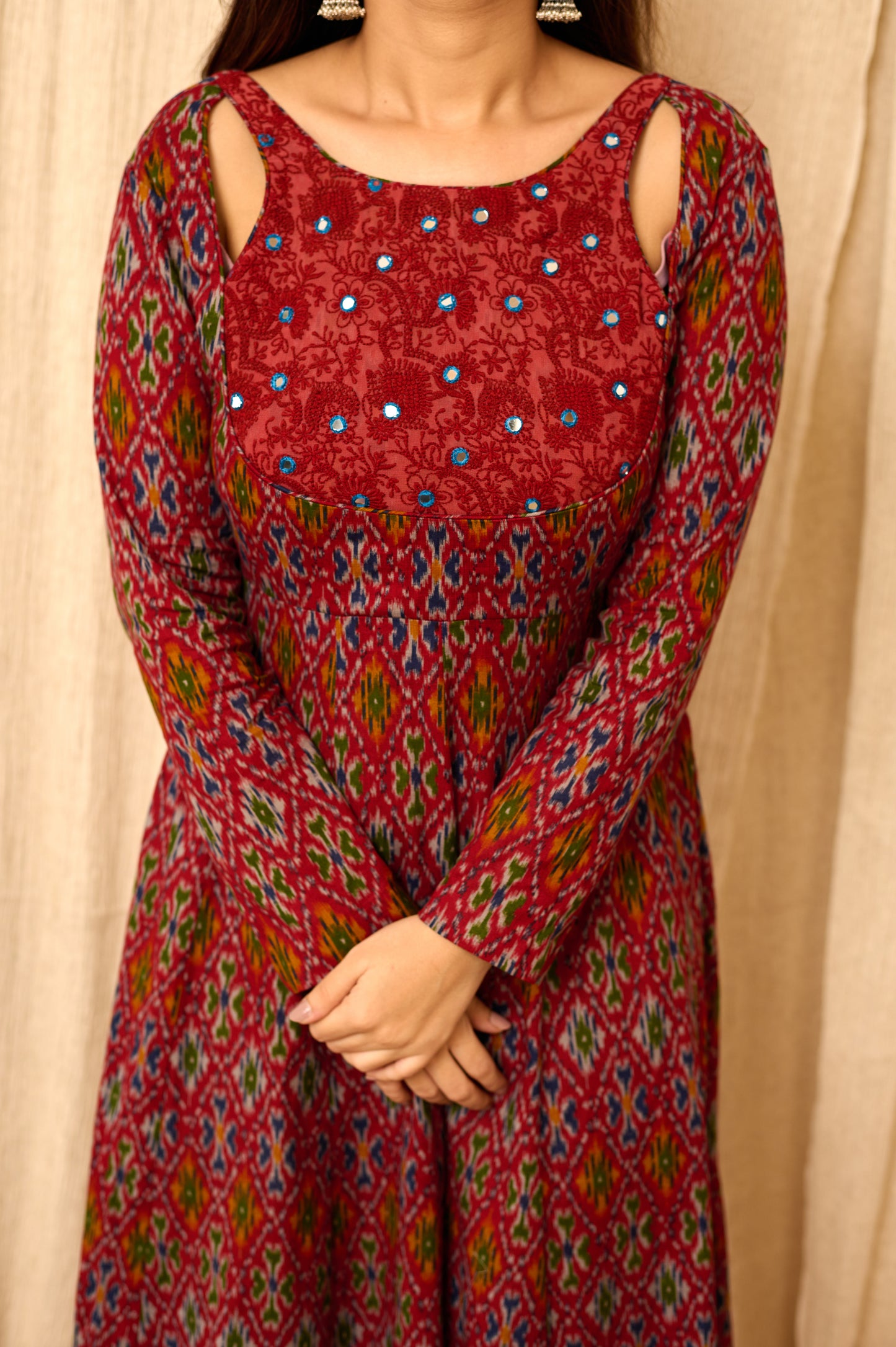 Lux Collection Red Handloom Ikat Hand Embroidered Dress