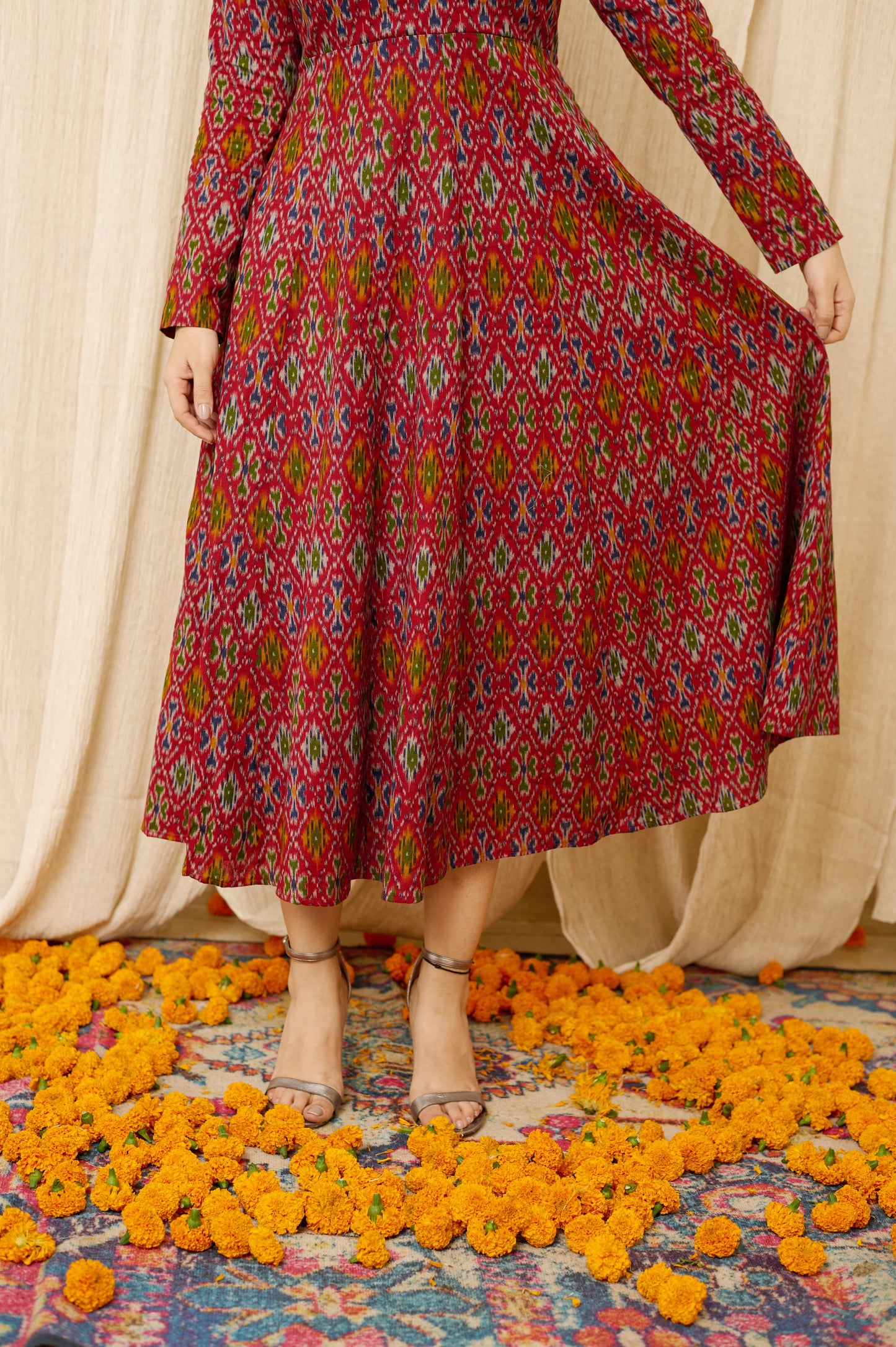 Lux Collection Red Handloom Ikat Hand Embroidered Dress