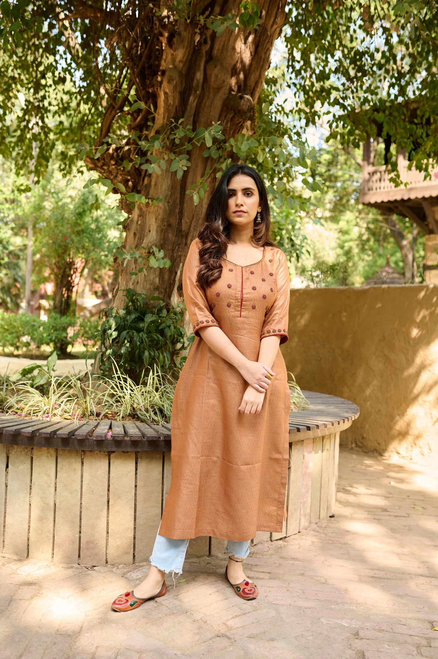 Burnt Orange Silk Hand Embroidered Kurta