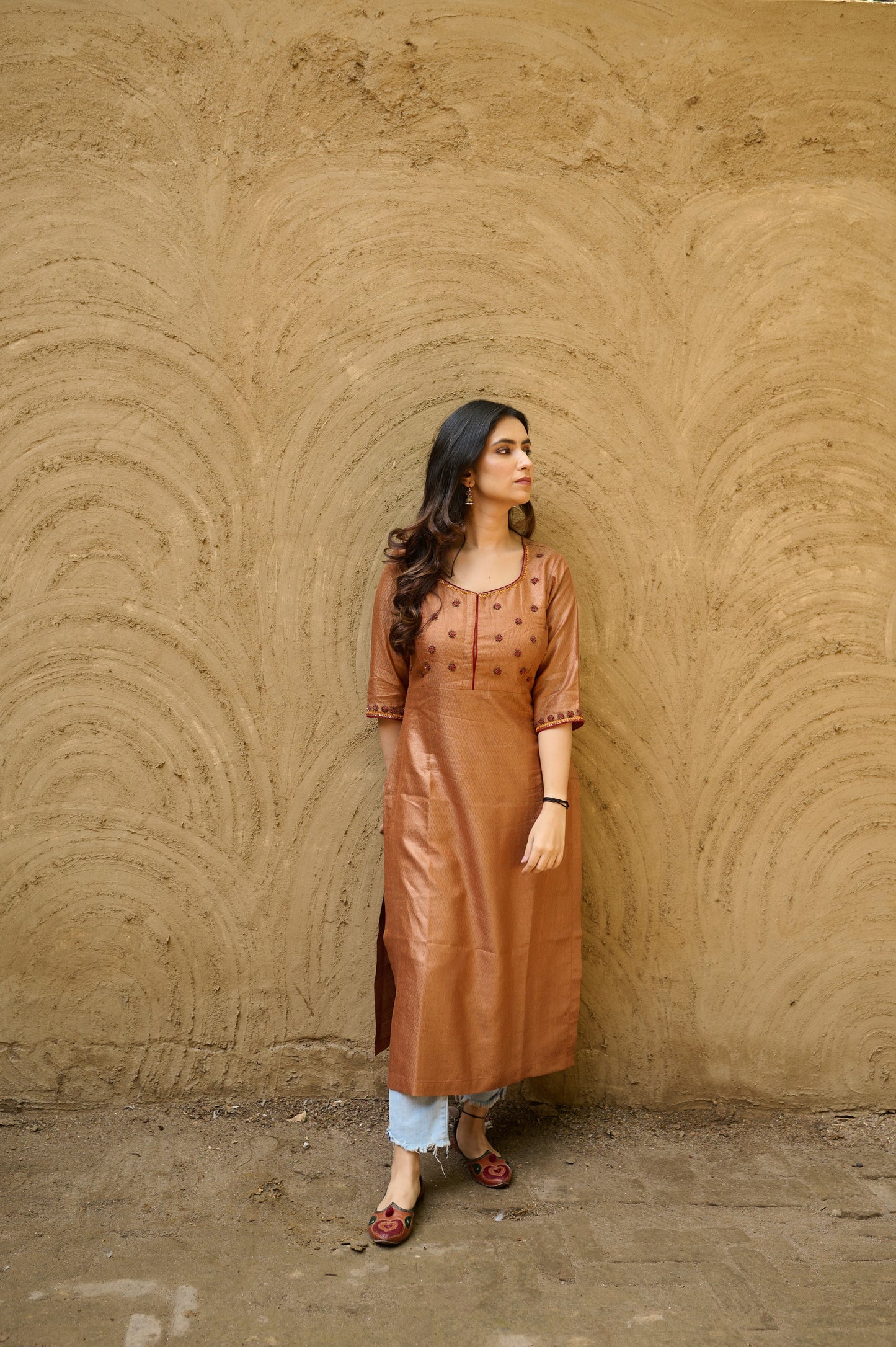 Burnt Orange Silk Hand Embroidered Kurta