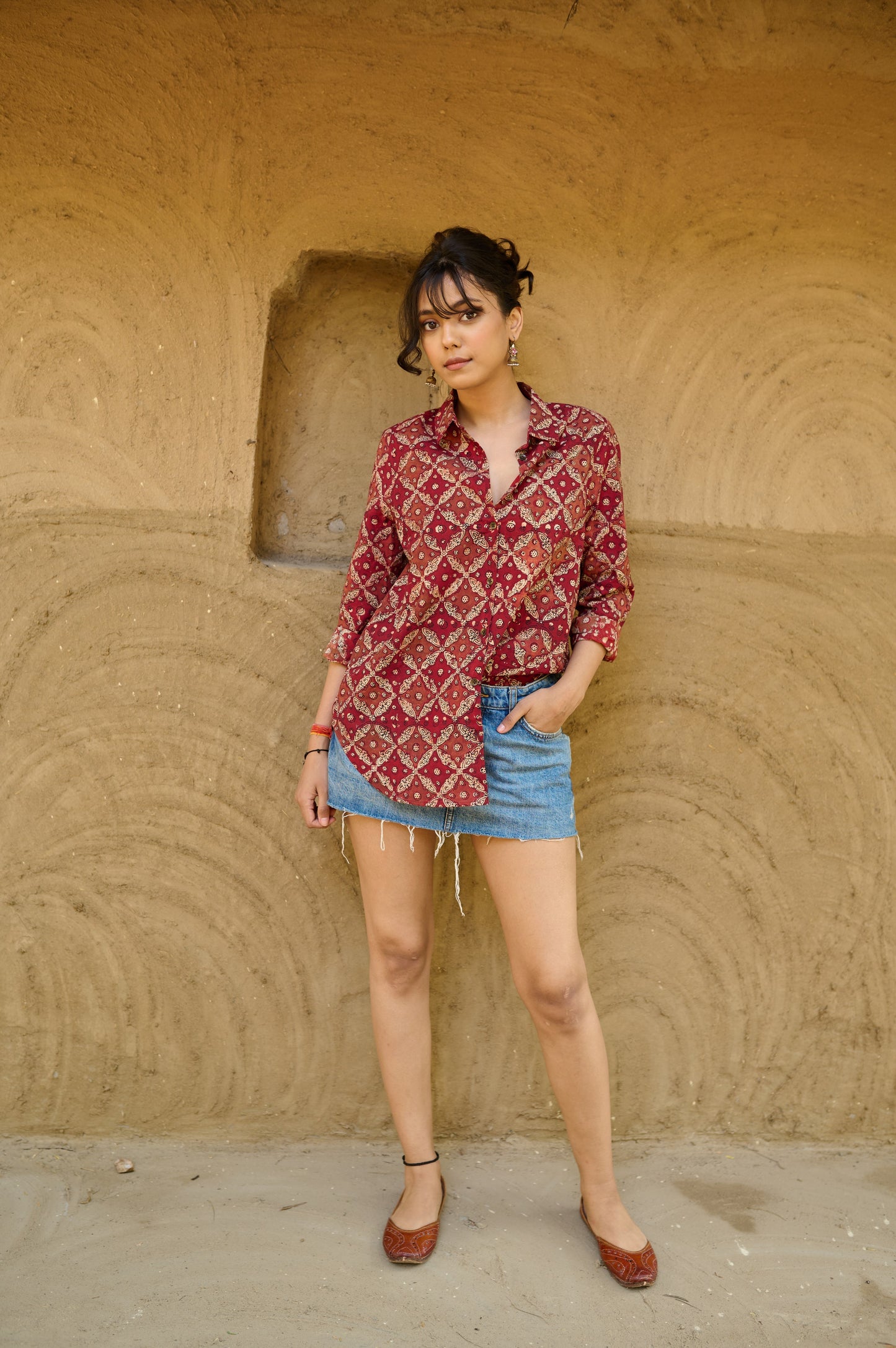 Maroon Rust Hand Block Printed Shirt