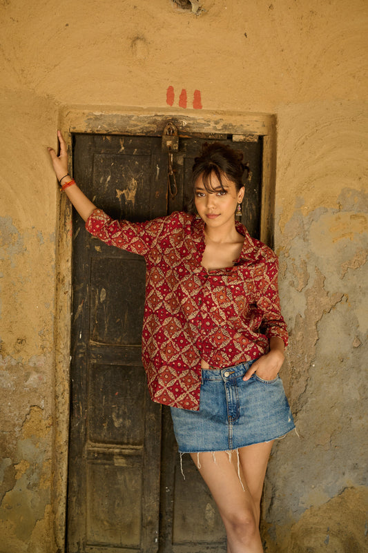 Maroon Rust Hand Block Printed Shirt