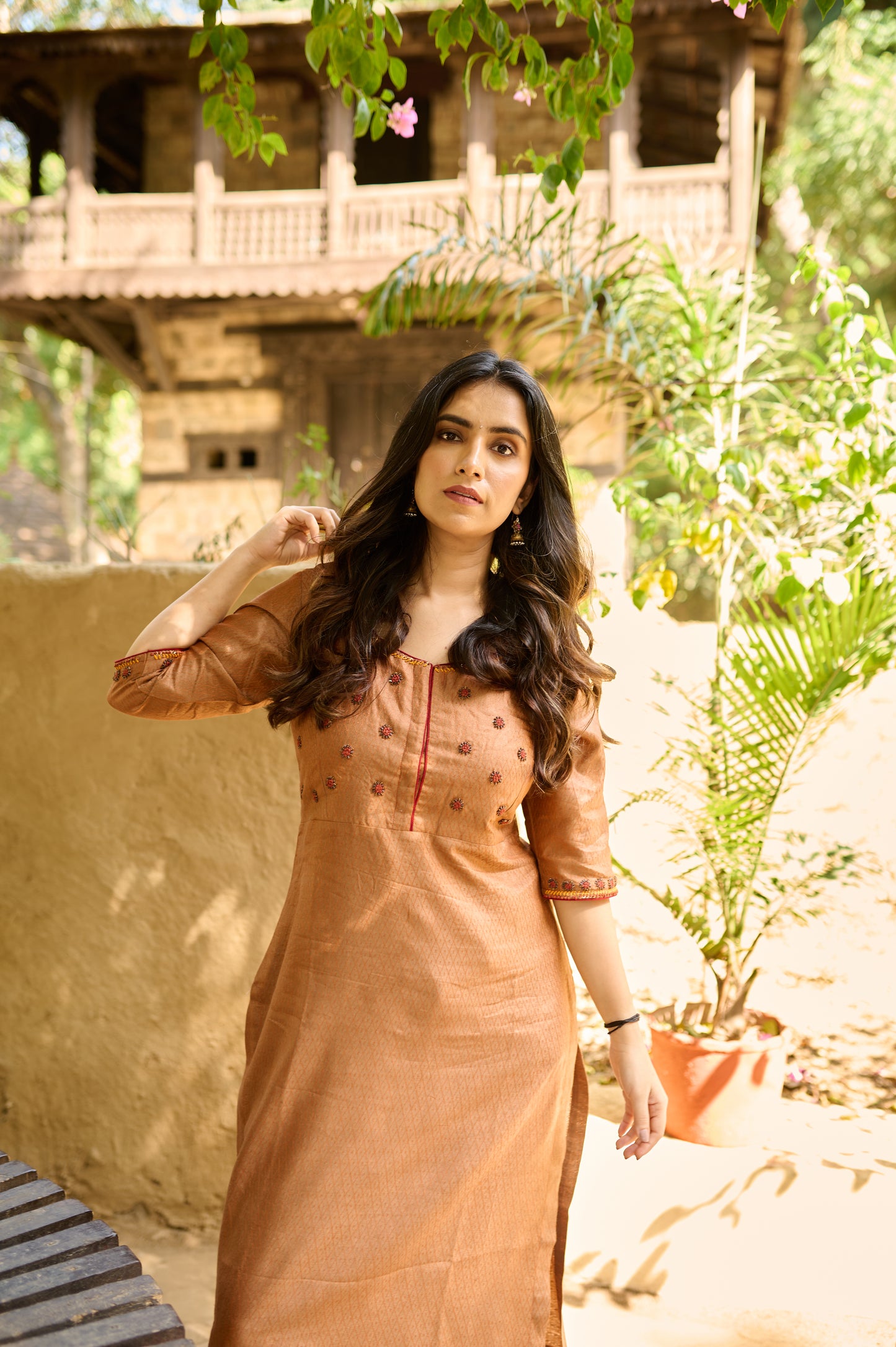 Burnt Orange Silk Hand Embroidered Kurta