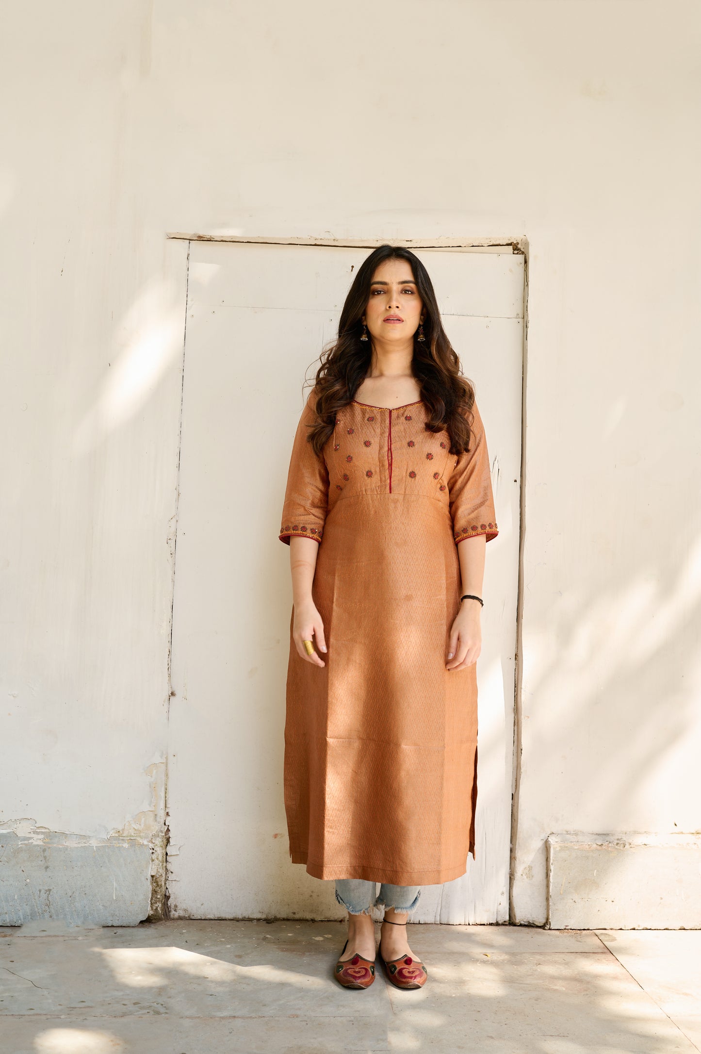 Burnt Orange Silk Hand Embroidered Kurta