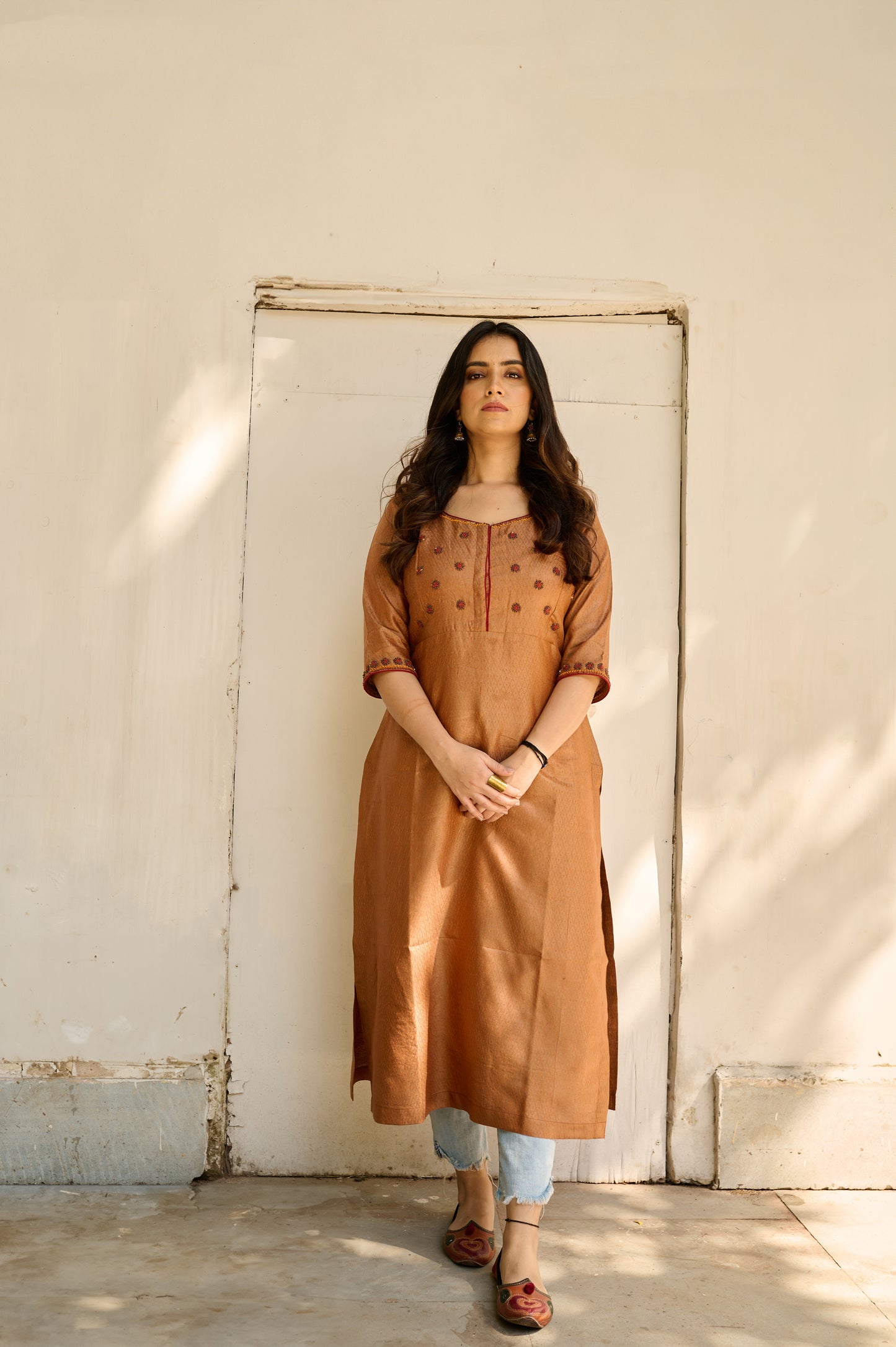 Burnt Orange Silk Hand Embroidered Kurta