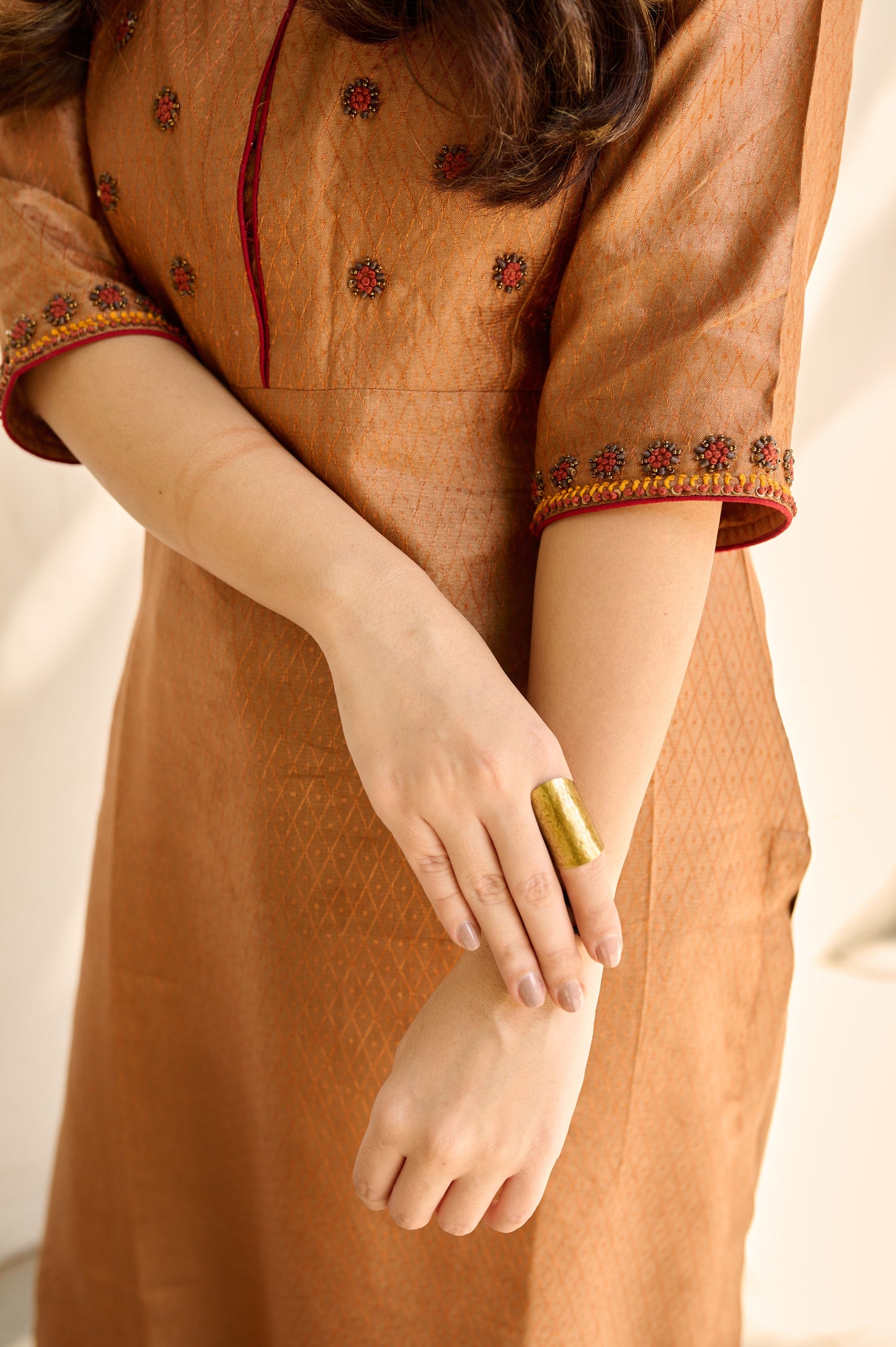 Burnt Orange Silk Hand Embroidered Kurta