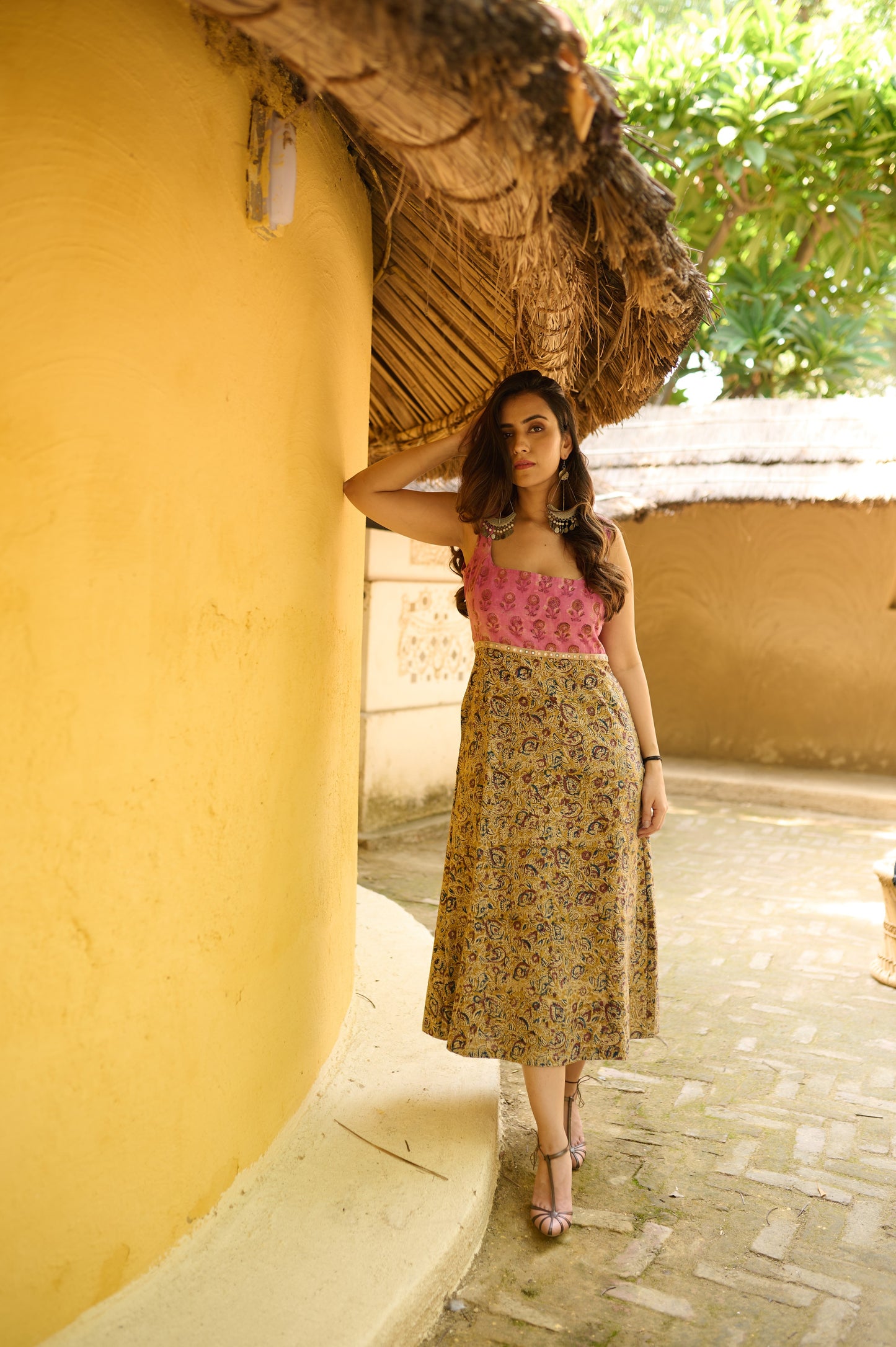 Pink Yellow Kalamkari Hand Block Printed Mirror Belted Dress