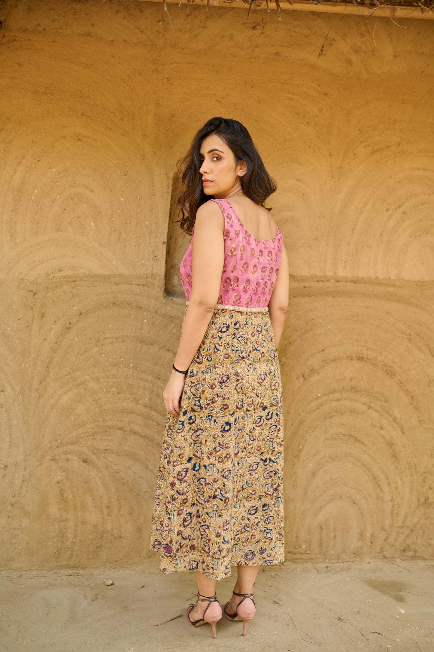 Pink Yellow Kalamkari Hand Block Printed Mirror Belted Dress