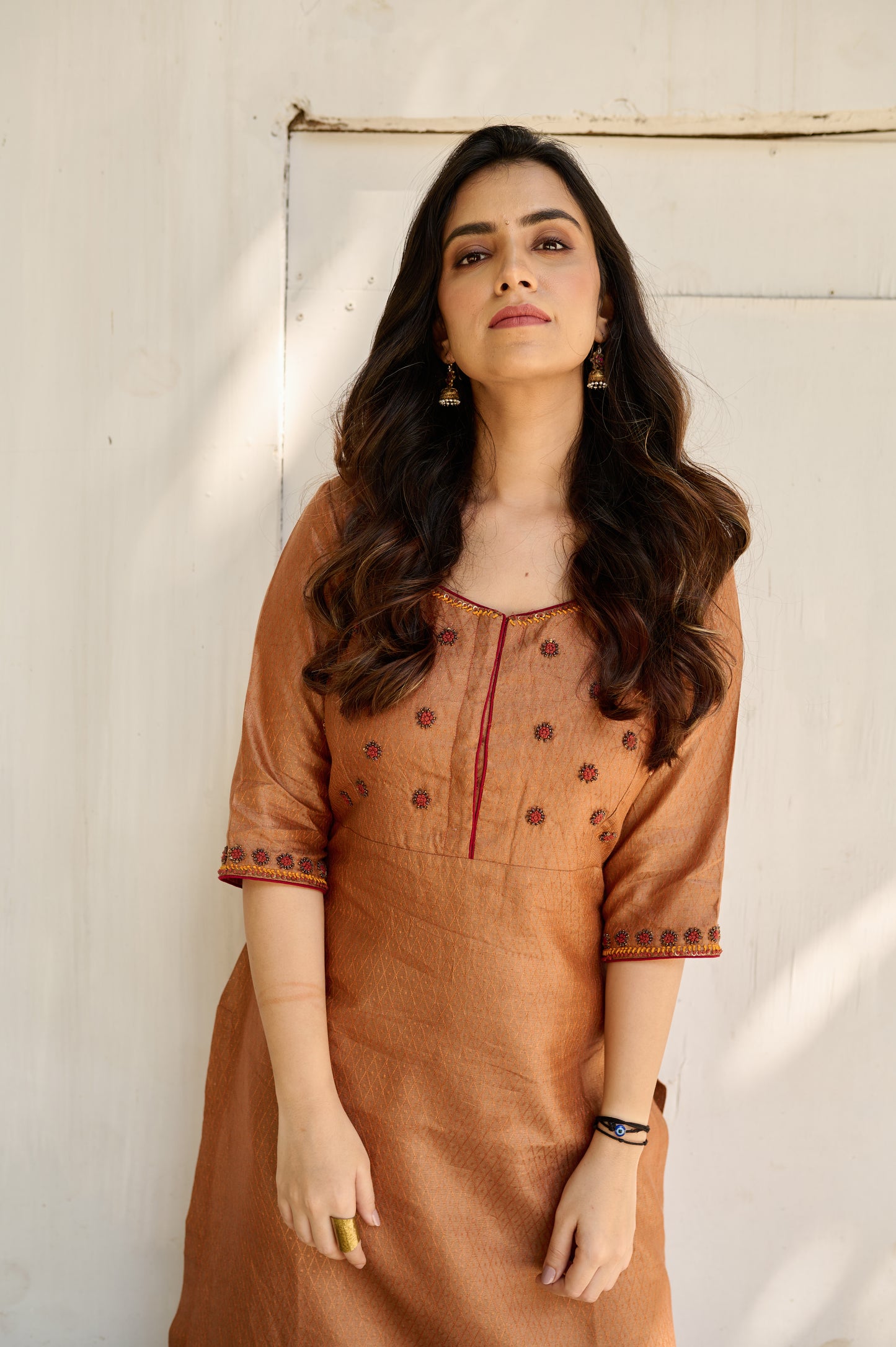 Burnt Orange Silk Hand Embroidered Kurta