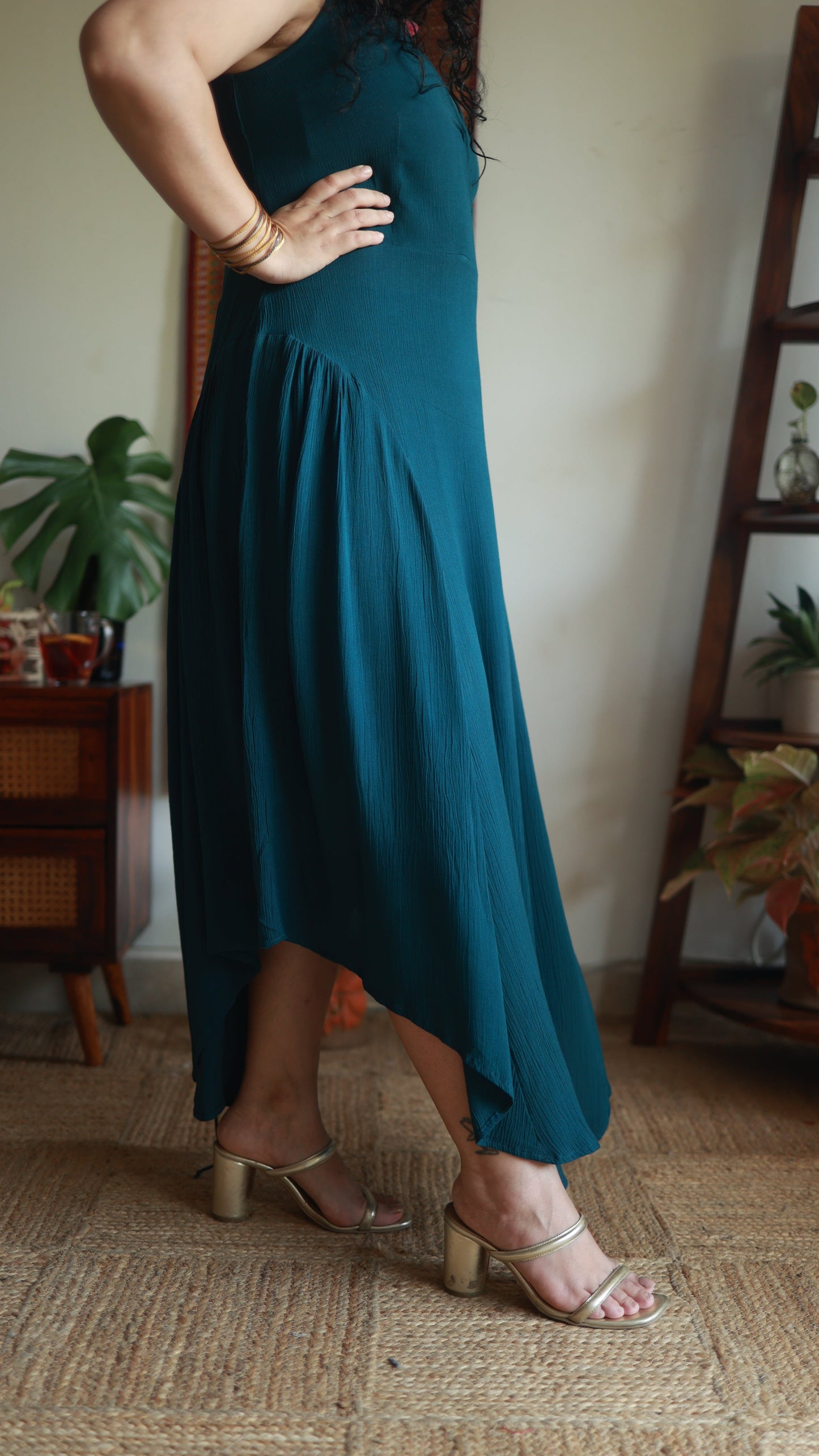 Teal Hand Embroidered Collar Dress (Made To Order)