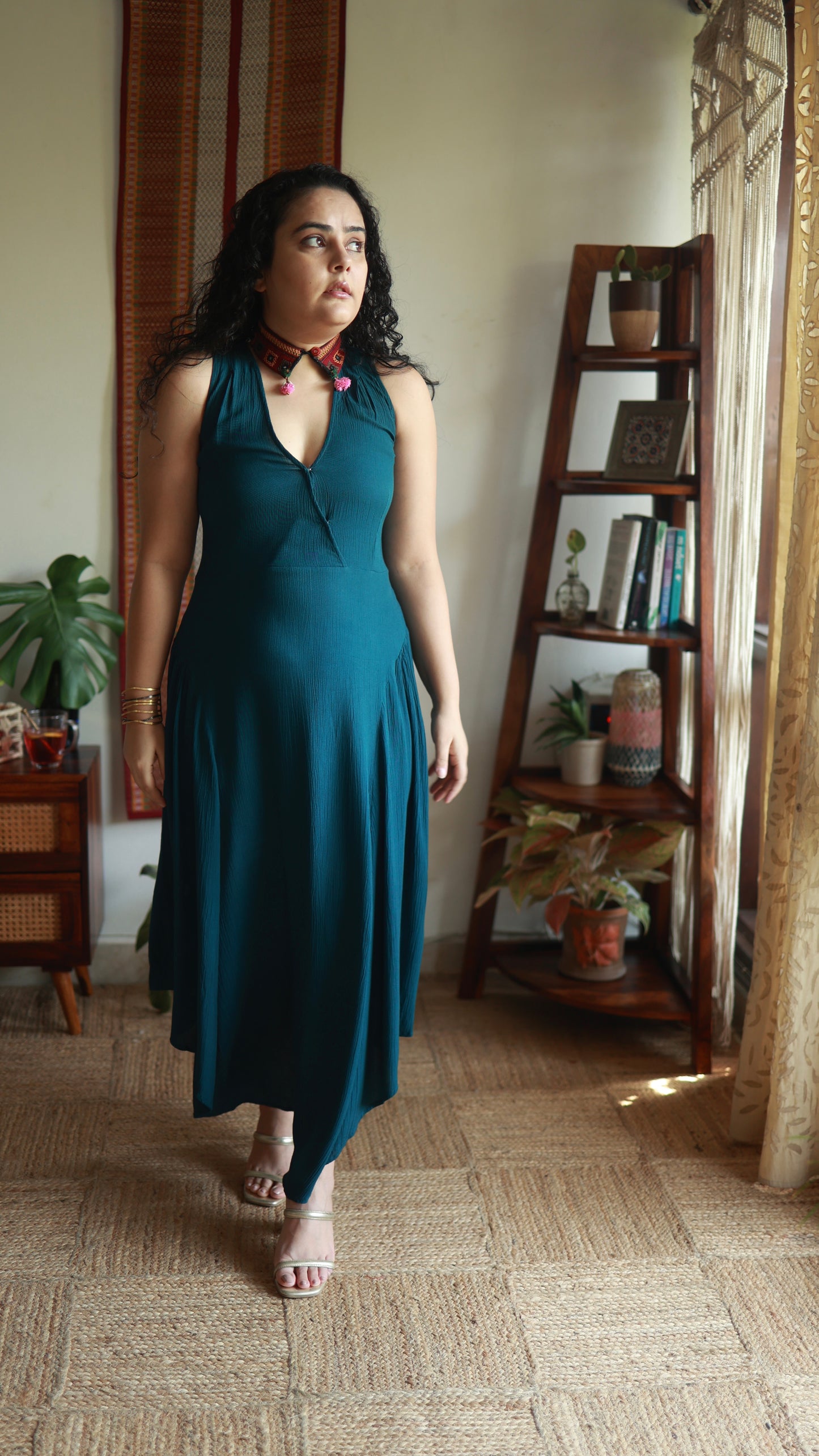 Teal Hand Embroidered Collar Dress (Made To Order)