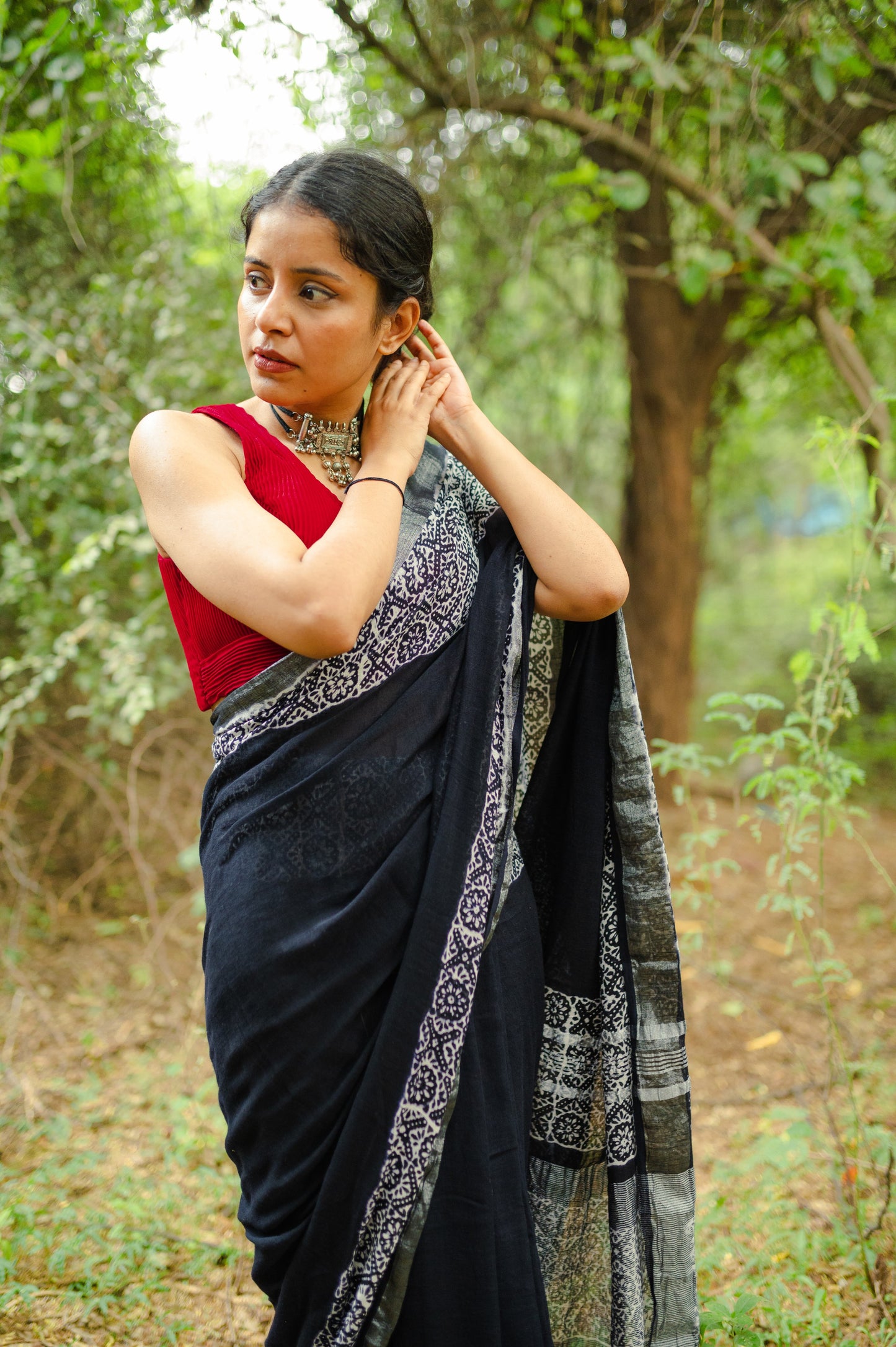 The Red Paprika Blouse with the Black Beetle Saree